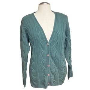 80s Vintage Paul Harris Lambs wool Angora Teal Green Cable Knit Button Cardigan